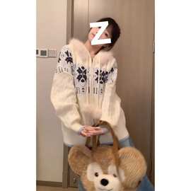 小个子香风软糯毛衣外套女秋冬季新款慵懒风连帽针织开衫上衣加厚