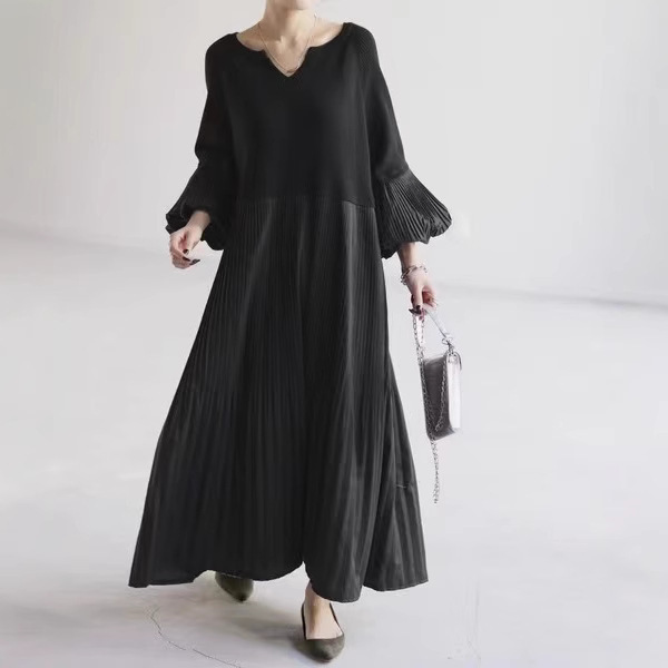2024 Spring and Autumn Minimalist Extra Long Sweater Spliced Heavy Industry Pleated Dress Ready in Stock