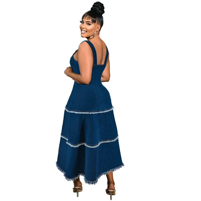 Plus Size Denim Maxikleid Mit Fransen Boho A-linien Kleid_voghion.com