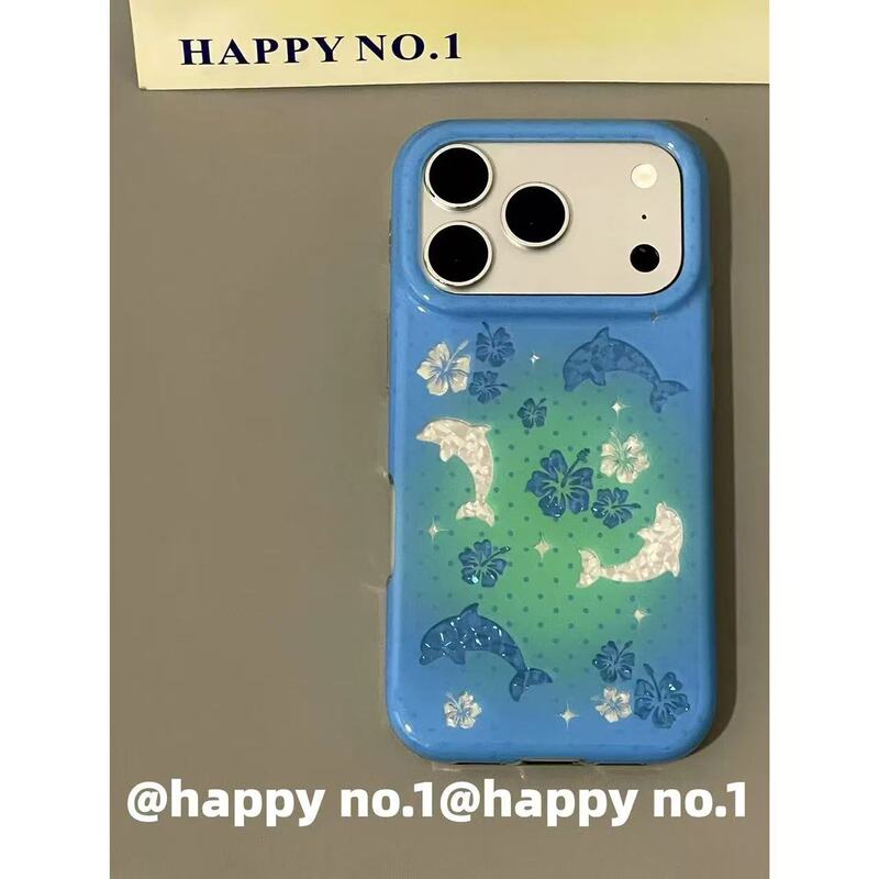 Vintage Dreamy Blue Hibiscus Flower Dolphin Case for Apple iPhone, Shockproof Dual-Layer, Waterproof for Girls, Compatible with iPhone 16