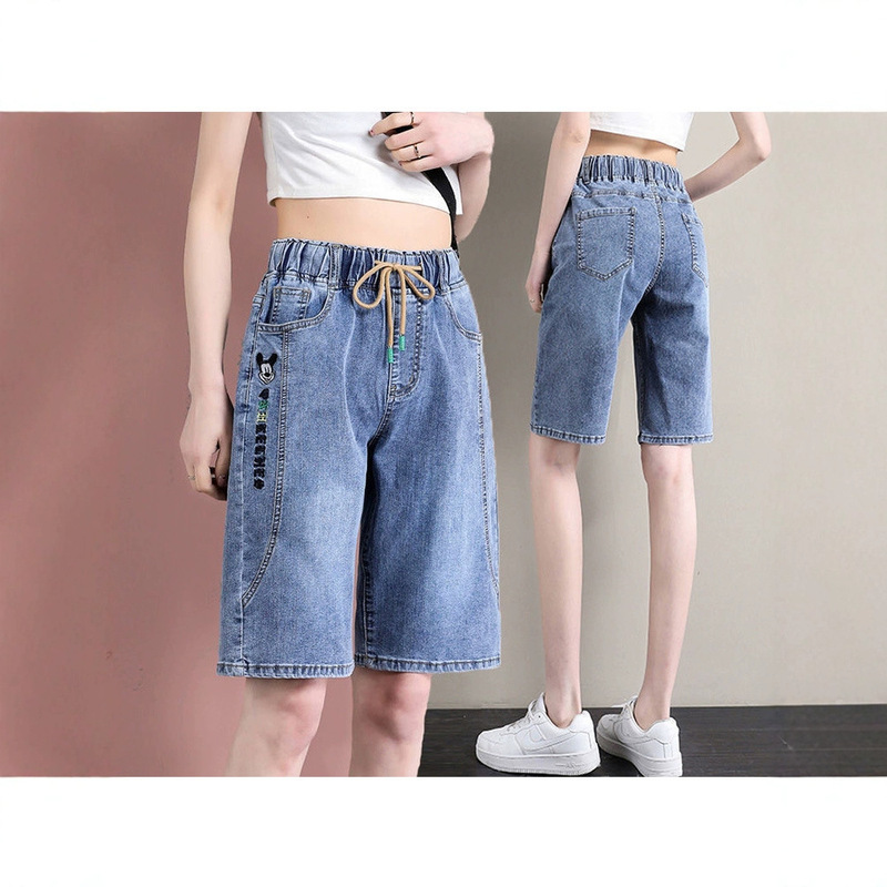 2025 New Elastic Waist Denim Shorts Women's Five-point Pants High Waist Loose Straight Pants Summer Thin Medium Pants