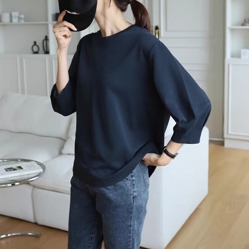 Japanese and Korean Minimalist Style Three-Quarter Sleeve Tops for Women 2026 Autumn New Loose Plus-Size Lantern Sleeve T-Shirt Wholesale Japanese and Korean Minimalist Style Three-Quarter Sleeve Tops for Women 2026 Autumn New Loose Plus-Size Lantern Sleeve T-Shirt Wholesale