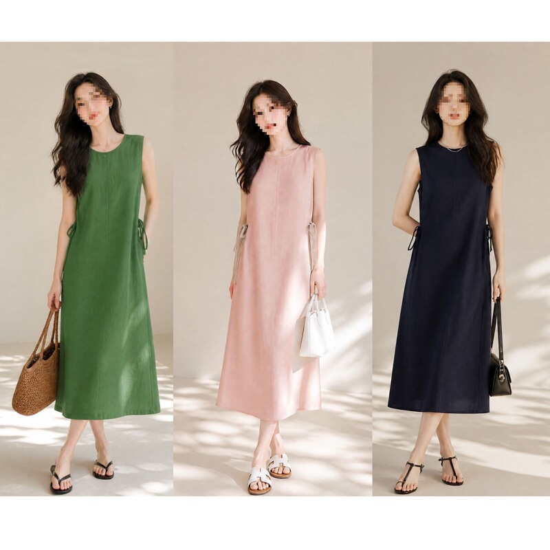 [90% Lyocell + 10% Linen] Simple Style Summer Casual Slimming Drawstring Women's Dress