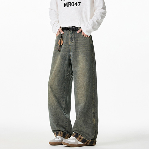 Grafic Patchwork Retro Washed Jeans Spring Split Design Straight Leg Pants Semi-Relaxed Loose Pants