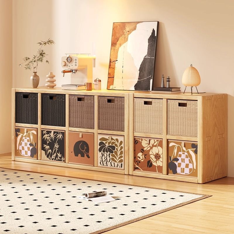Solid Wood Lattice Cabinet Bookshelf Floor-Standing Storage Rack Integrated Wall-Mounted Living Room Home Multi-Layer Storage Free Combination Bookcase