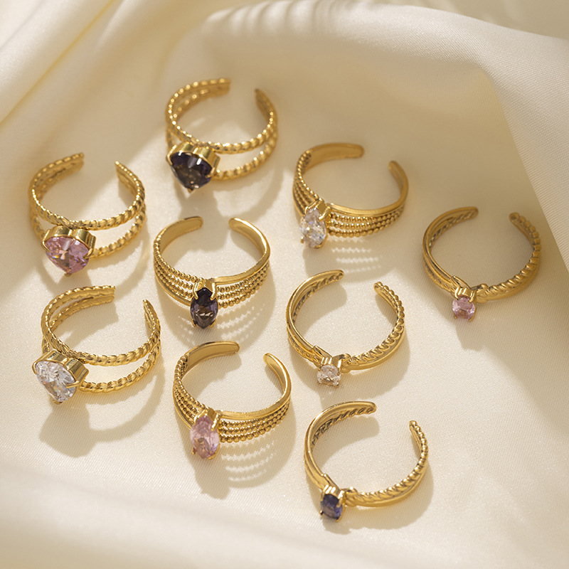 Anillo abierto simple de acero inoxidable de oro amor zircon anillo de titanio de acero índice joyas de piedra