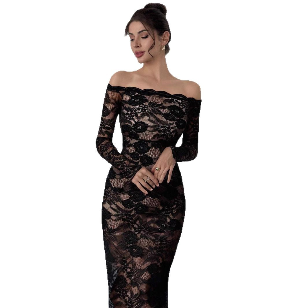 Women's Sexy Black Off-Shoulder Lace Long Dress European And American Style Fall/Winter New Arrival_ecoleips.com