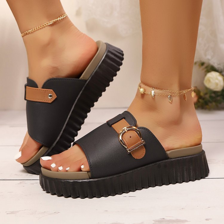 Soft And Bouncy Flip Flops With Contrasting Colors, Featuring A Belt Buckle Detail, Flat Casual Open Toe Sandals_vogvips.com