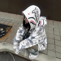 华棉复合双帽迷彩连帽卫衣男女情侣原创鲨鱼头毛巾绣拉链开衫外套