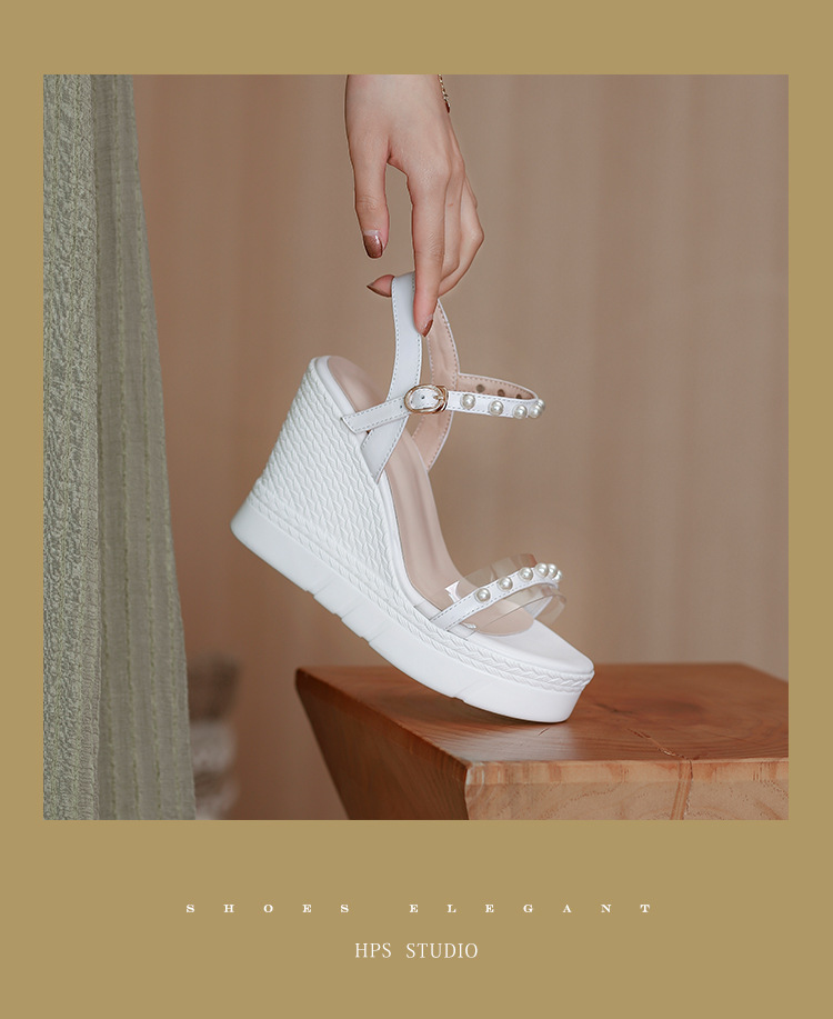 Sandal cao gót nữ hở mũi quai ngang đính ngọc trai, đế xuồng dày dáng La Mã — màu trắng, màu mơ chi tiết 1