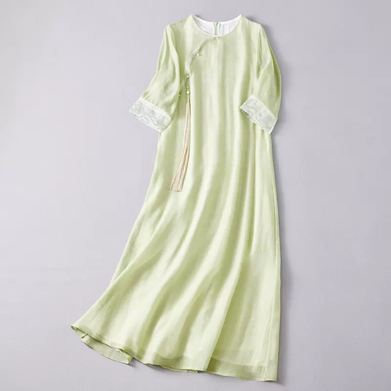 婵茶赋2024新款国风汉服女装天丝提花圆领改良汉服禅意茶服连衣裙