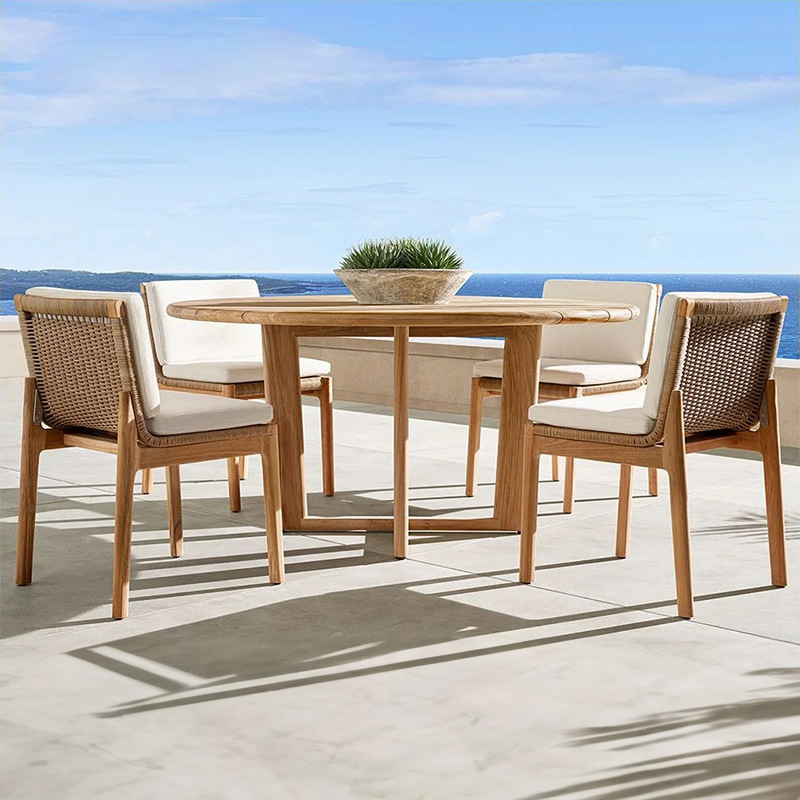 Mesas y sillas de exterior para ocio al aire libre, mesa larga de madera maciza para jardín, conjunto de mesa y sillas de teca impermeables para terraza de villa de alta gama.