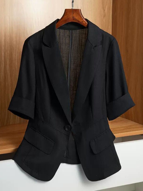 Ice silk linen short blazer for women, autumn and summer, thin, plus size, stylish casual jacket, black top Ice silk linen short blazer for women, autumn and summer, thin, plus size, stylish casual jacket, black top