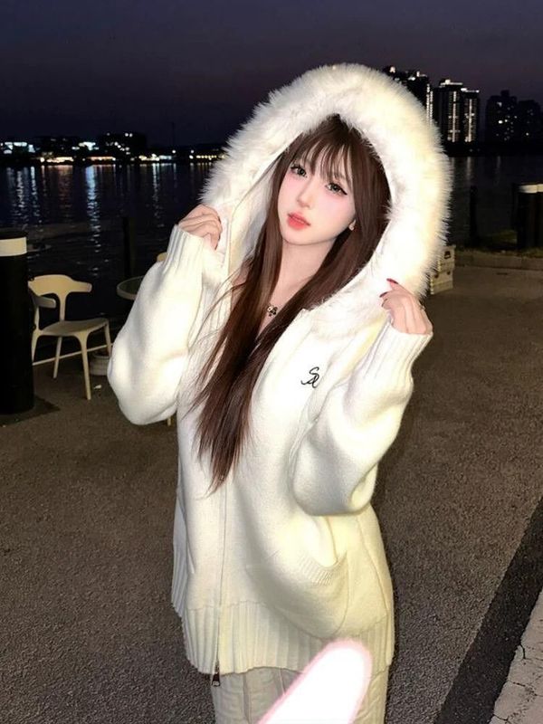 软糯温柔连帽毛领针织开衫外套女秋冬新款宽松慵懒风百搭拉链毛衣|undefined