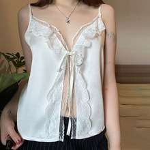 心机纯欲风蕾丝花边领缎面开衫吊带欧美女装居家舒适性感背心上衣