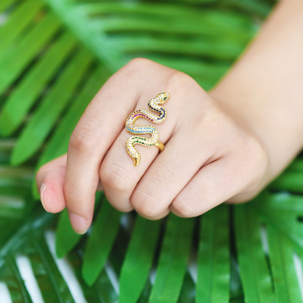 Anillo Abierto Con Forma De Serpiente De Circón Con Incrustaciones De Cobre A La Moda Para Mujer display picture 3