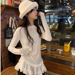バレエ風レースの裾の長袖tシャツの女性2024の大衆は独特でやせています。
