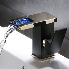 Black Gold Waterfall Faucet LED Color Changing American Style Bathroom Sink Countertop Basin Bathroom Vanity Cold Hot Single Hole