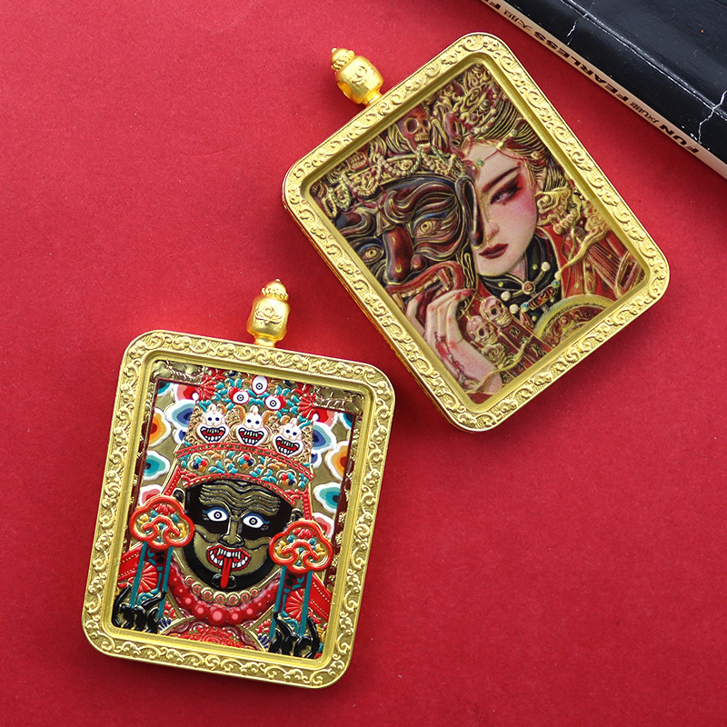 双面鎏金唐卡荷花款吊坠文殊龙五爷八大守护狐仙吊坠嘎乌盒