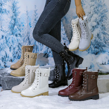 雪地靴2024冬季新款中筒复古大码侧拉链粗跟女靴