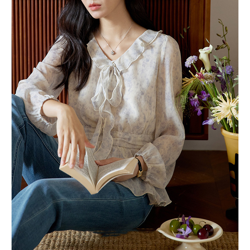 Blue Printed Ruffled Strap Long-Sleeved Shirt for Women Autumn Retro Waist Slimming Top