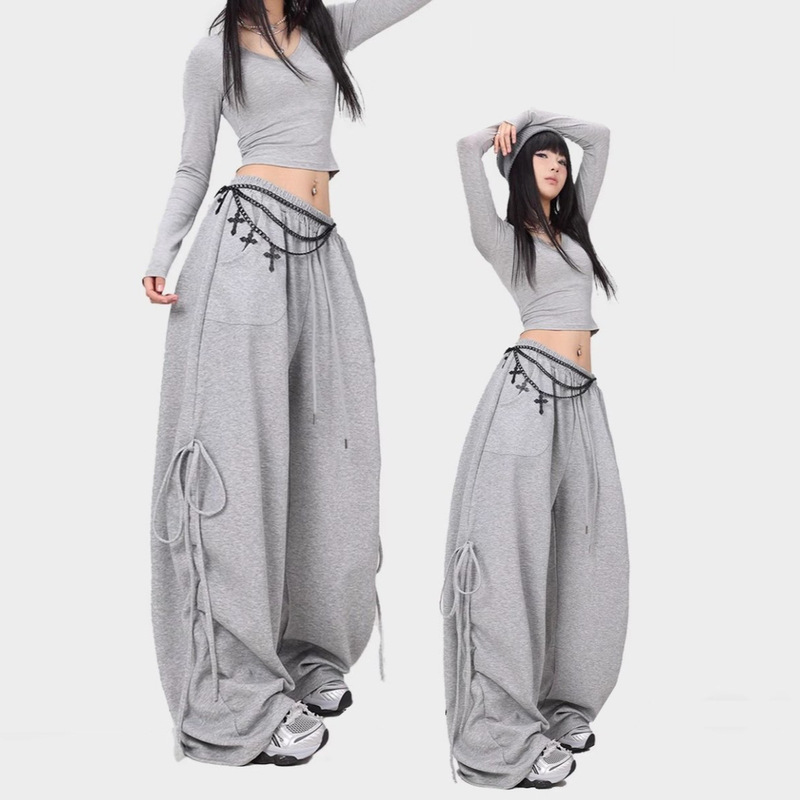 American-Style Lazy and Relaxed Vibe Gray Sweatpants with Ribbon Ties for Women, Suitable for Jazz Dance and Hip-Hop, Loose Straight-Leg Scimitar Pants
