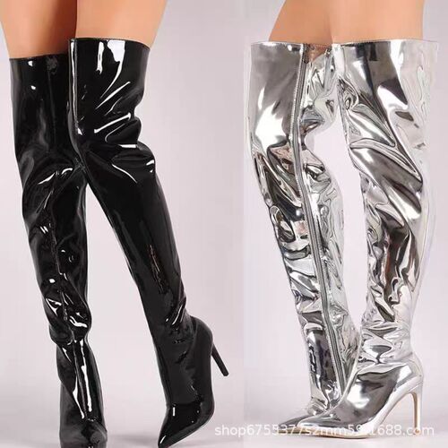 Club super high heels, fine heels, pointed toes, sexy mirror patent leather, women's over-the-knee boots, runway boots, large size High heels