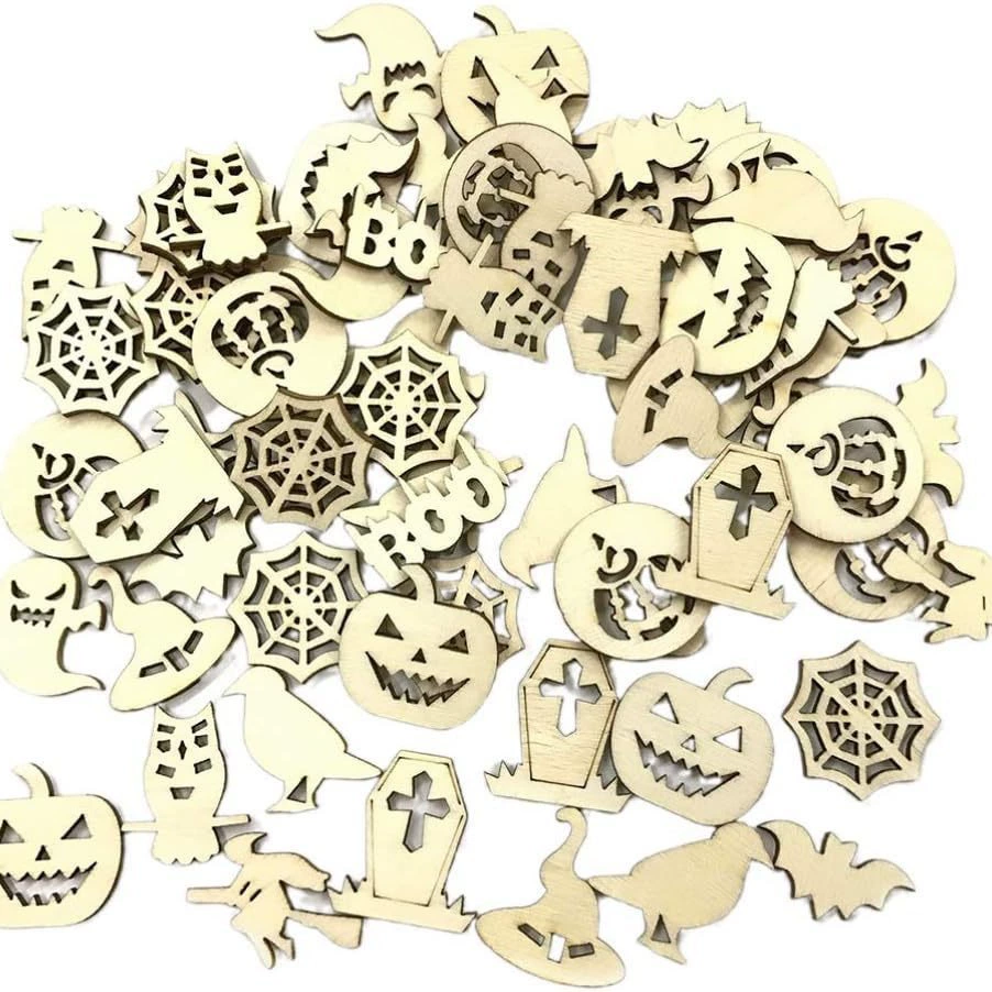 Новое украшение на день Хэллоуина, древесные чипсы, ведьма, летучая мышь, призрак, тыква, ворона, полые граффити, деревянное украшение