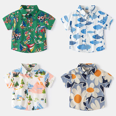 兒童襯衫 2024夏款男童滿印短袖襯衫寶寶休閒卡通襯衣潮童裝批發