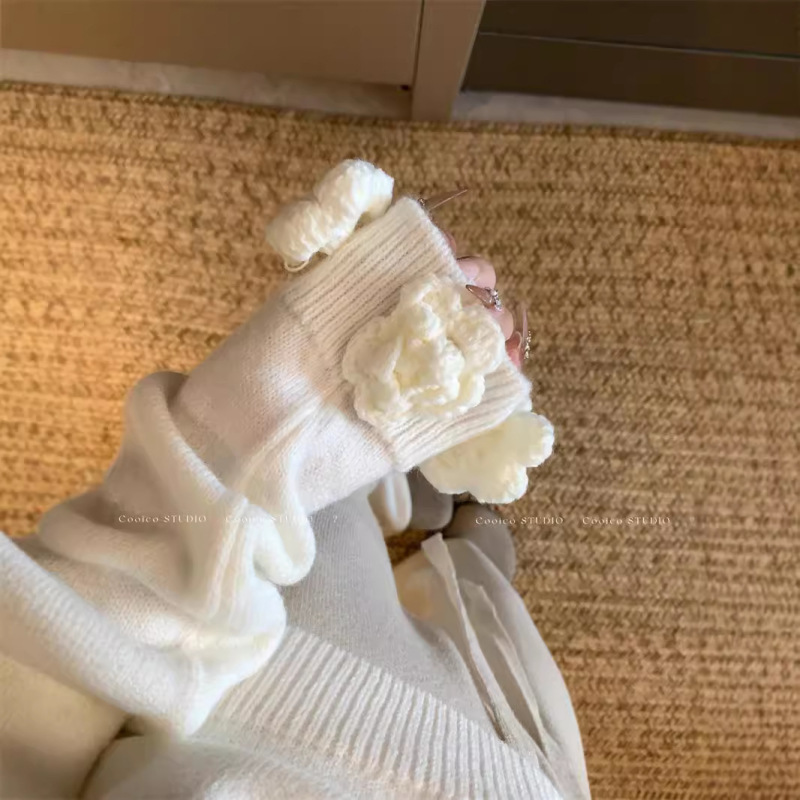 亚马逊跨境法式白色立体花朵斜肩毛衣女秋冬款露肩针织衫上衣|undefined