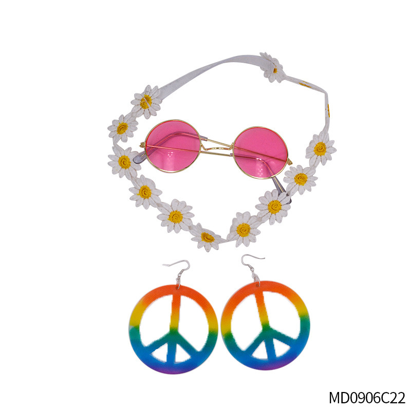 Accesorios de vestir hippies de la década de 1960, diadema de girasol, gafas redondas, conjunto de aretes de collar de talismán de paz