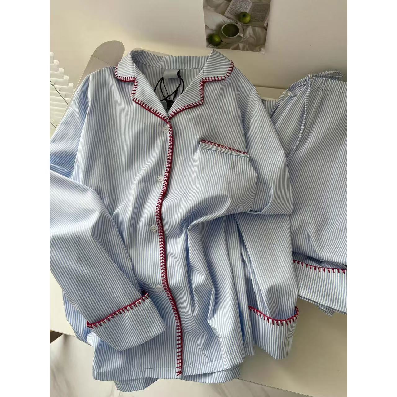 High-End Blue and White Stripesd Long-Sleeved Pajamas for Women 2025 New Style Loose Pants and Home Clothes Suit for Women