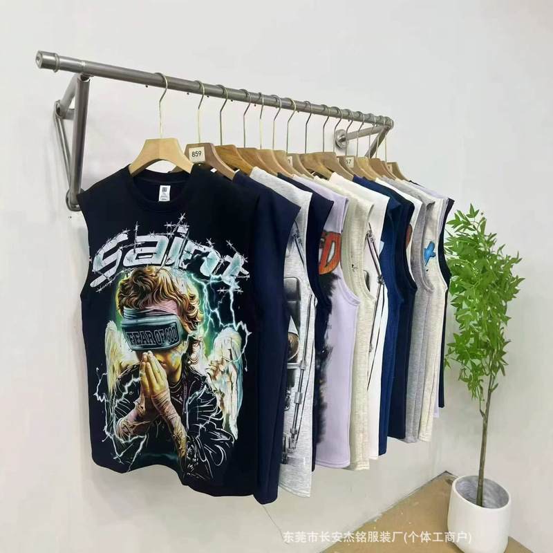 Summer Sleeveless T-shirt, 300g heavyweight, unisex, pure cotton, American-style trendy printed sleeveless T-shirt Summer Sleeveless T-shirt, 300g heavyweight, unisex, pure cotton, American-style trendy printed sleeveless T-shirt