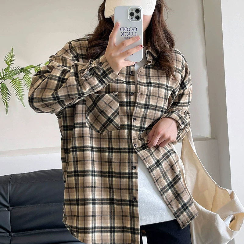 Хлопчатобумажная клетчатая рубашка женская весна и осень новая шлифовальная ретро свободная рубашка корейская куртка с длинными рукавами топ