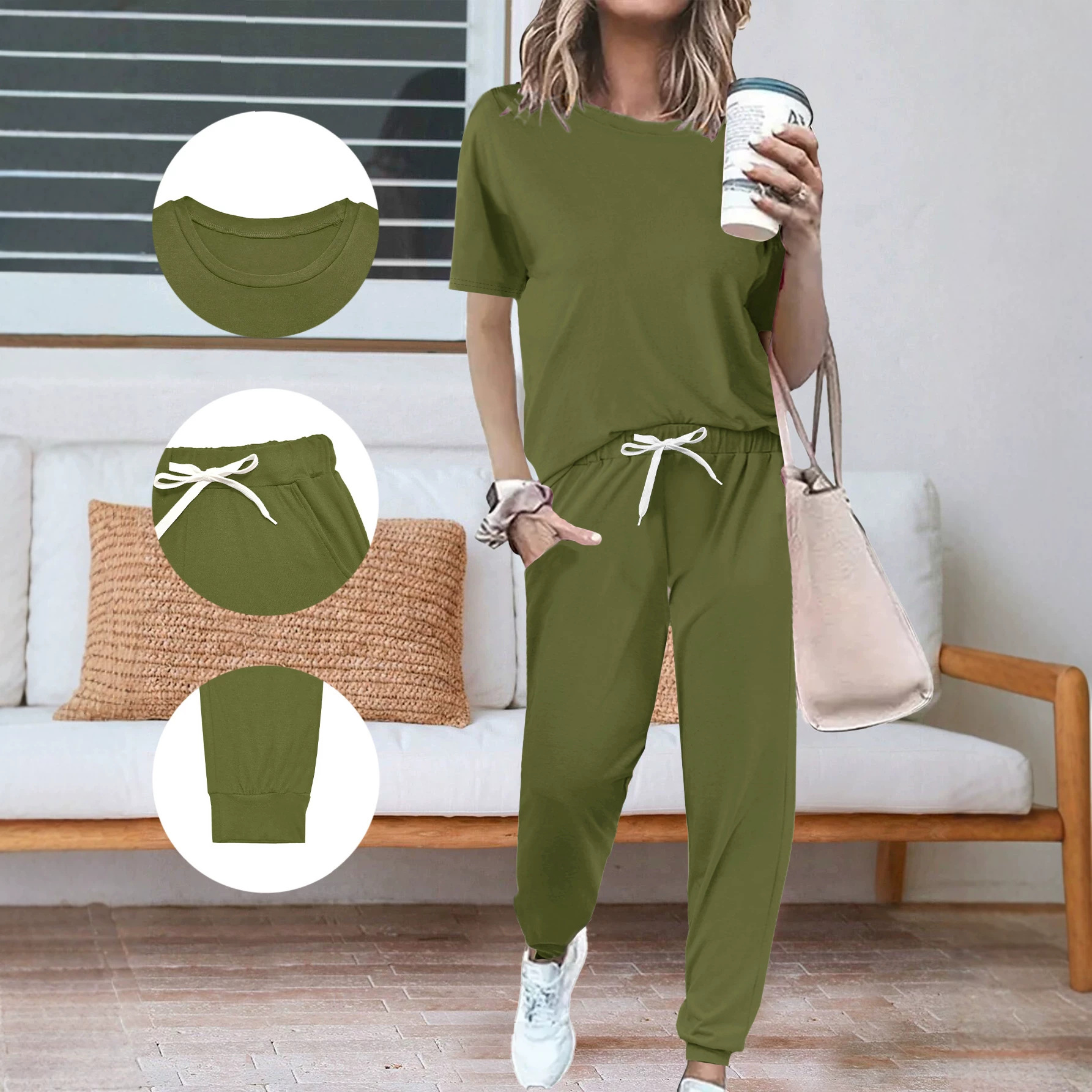 Completo da donna composto da top a maniche corte con scollo rotondo e pantaloni, due pezzi coordinati, ideale per l'estate._voghion.com
