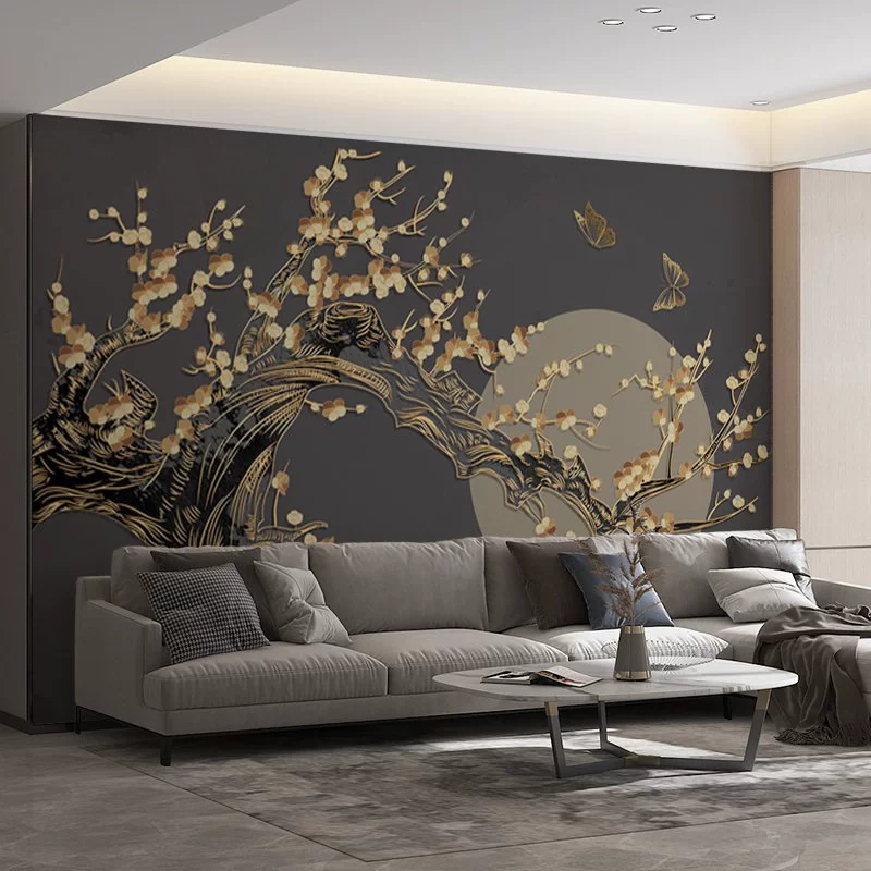 Китайский стиль гостиная фон обоев современная hand-painted цветущая слива светлая роскошь декоративные обои трёхмерная рельефная живопись водонепроницаемая
