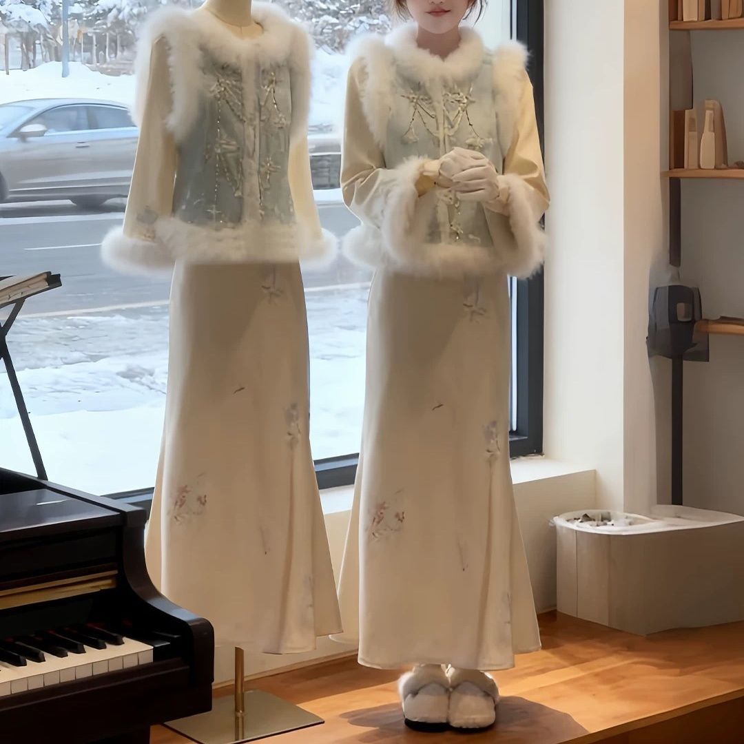 Fleece-Lined and Thickened New Chinese Style National Suit Improved Cheongsam Dress with Fur Vest Two-Piece Set for Women 2025 Winter