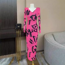 欧洲站御姐复古长袖印花连衣裙女秋冬季性感高端大牌气质包臀长裙