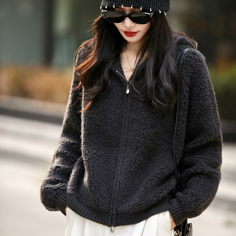 2025 Autumn/Winter New Pure Wool Hooded Knitted Cardigan with Zipper, Long Sleeve Women's Loop Wool Solid Color Soft Warm Top