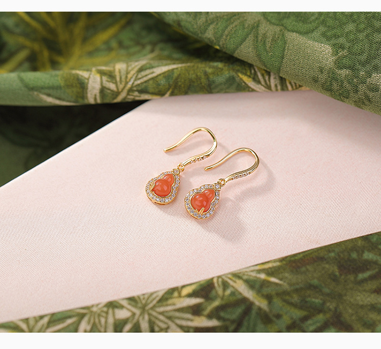 Bông tai bạc S925 đính đá ngọc Hetian Jasper hình bầu lá tre siêu lấp lánh — Phong cách nước đỏ chi tiết 5