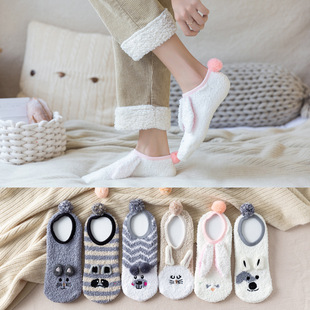New Women's Coral Fleece Boat Socks Cute Three-dimensional Cartoon Animal Non-slip Women's Socks Home Adult Floor Socks