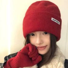 韩版红色简约针织帽子女冬季显脸小毛线帽大头围保暖护耳套头冷帽