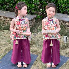 女童夏装短袖套装2026新款女宝宝洋气时髦夏装盘后花朵古风两件套