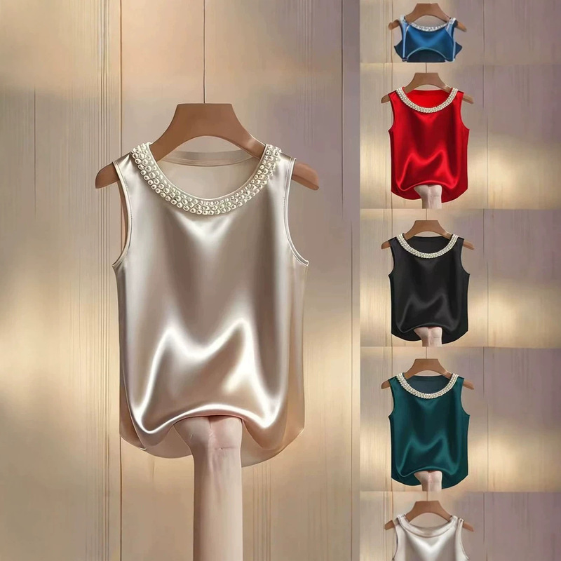 2026 Independent Site Amazon Spring/Summer French-Style Pearl Round-Neck Satin Elegant Sleeveless Shirt T-Shirt Tank Top