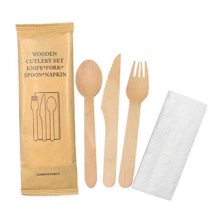 160 Juego de vajilla desechable de comida occidental degradable Juego de servilletas de madera con cuchillo, tenedor y cuchara Vajilla para llevar