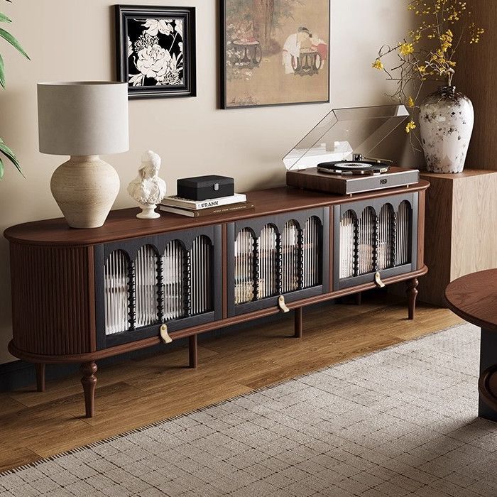 French Retro Solid Wood Tv Cabinet Living Room Small Apartment Storage Cabinet Oval Long Cabinet Mid-Century Style Home