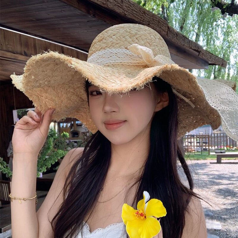 Lace French Bow Straw Hat Summer Seaside Vacation Beach Woven Brim Sun Hat Sun Protection Hat