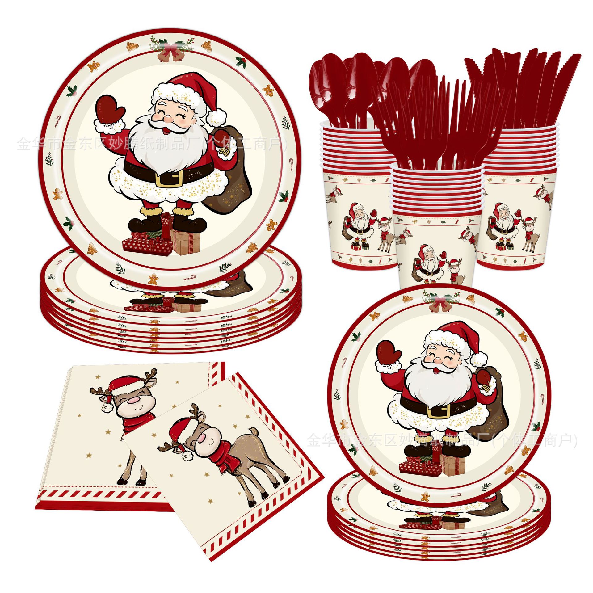 Nuevo Santa Claus Navidad Alce Disposable Set de cubiertos Decoraciones de fiesta Disposable Set de platos de papel