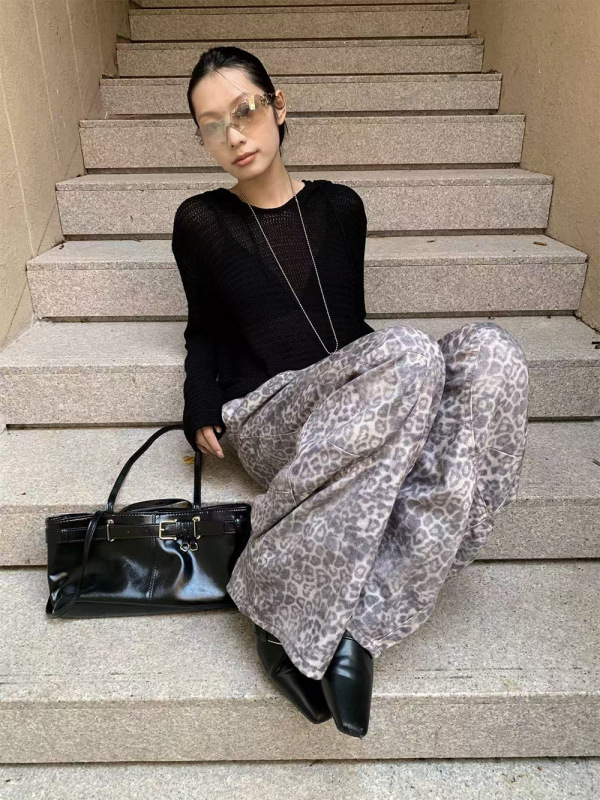 [9hour]美式辣妹风豹纹牛仔裤女 2025秋季低腰分割弯刀阔腿裤8999|undefined