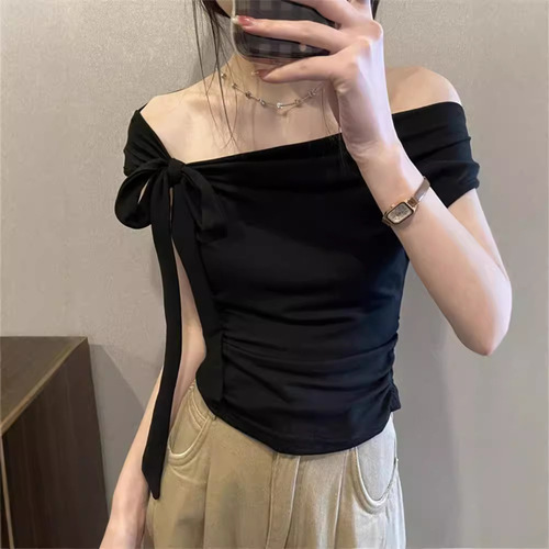 ins sexy hot girl one-shoulder strapless short t-shirt women's summer new style tie-up slimming short pure desire top women 